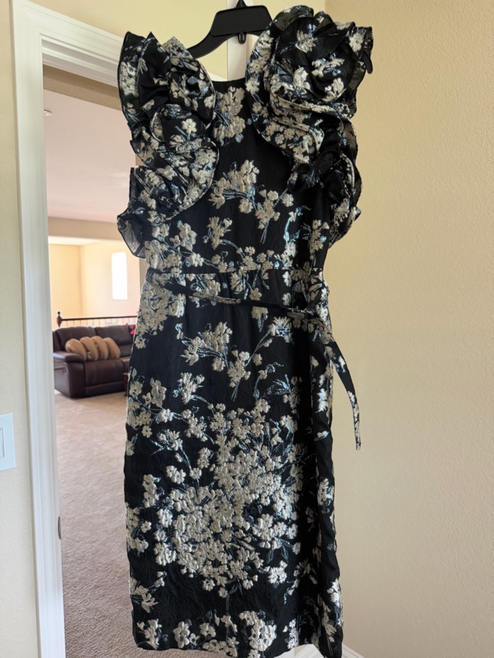 Co Collection Black Blue Floral Jacquard Ruffled Bodice Dress Size M